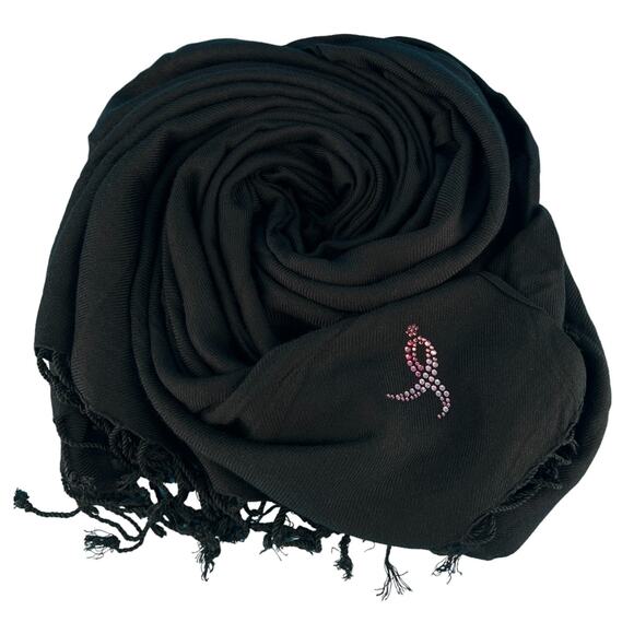 Susan G Komen Breast Cancer Black Scarf Pink Rhinestone Ribbon L 70" X W 28.5" - Picture 1 of 15